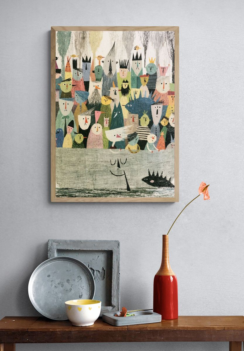 Whimsical Boat Crowd Illustration Poster. — room view 3