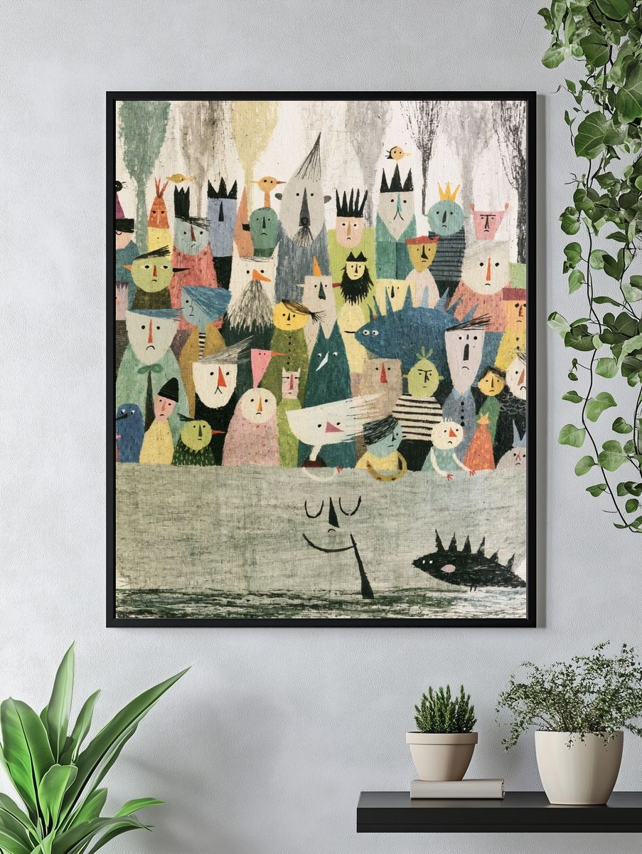 Whimsical Boat Crowd Illustration Poster. — room view 4