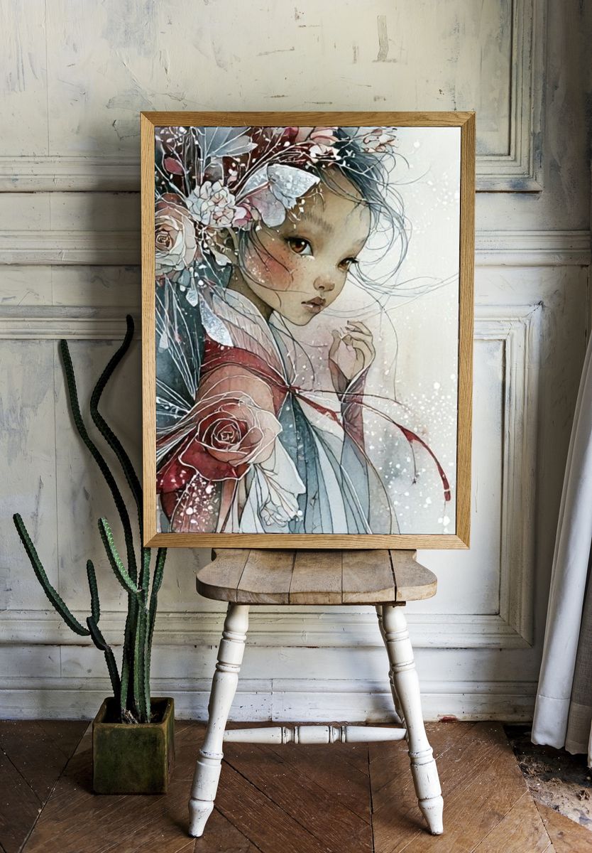 Floral Girl Portrait Illustration Poster. room preview
