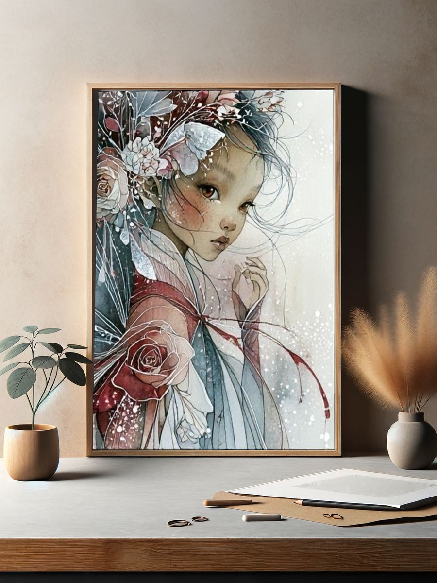 Floral Girl Portrait Illustration Poster. — room view 2