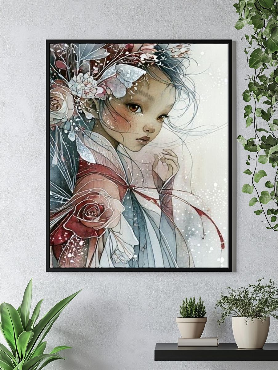 Floral Girl Portrait Illustration Poster. — room view 4