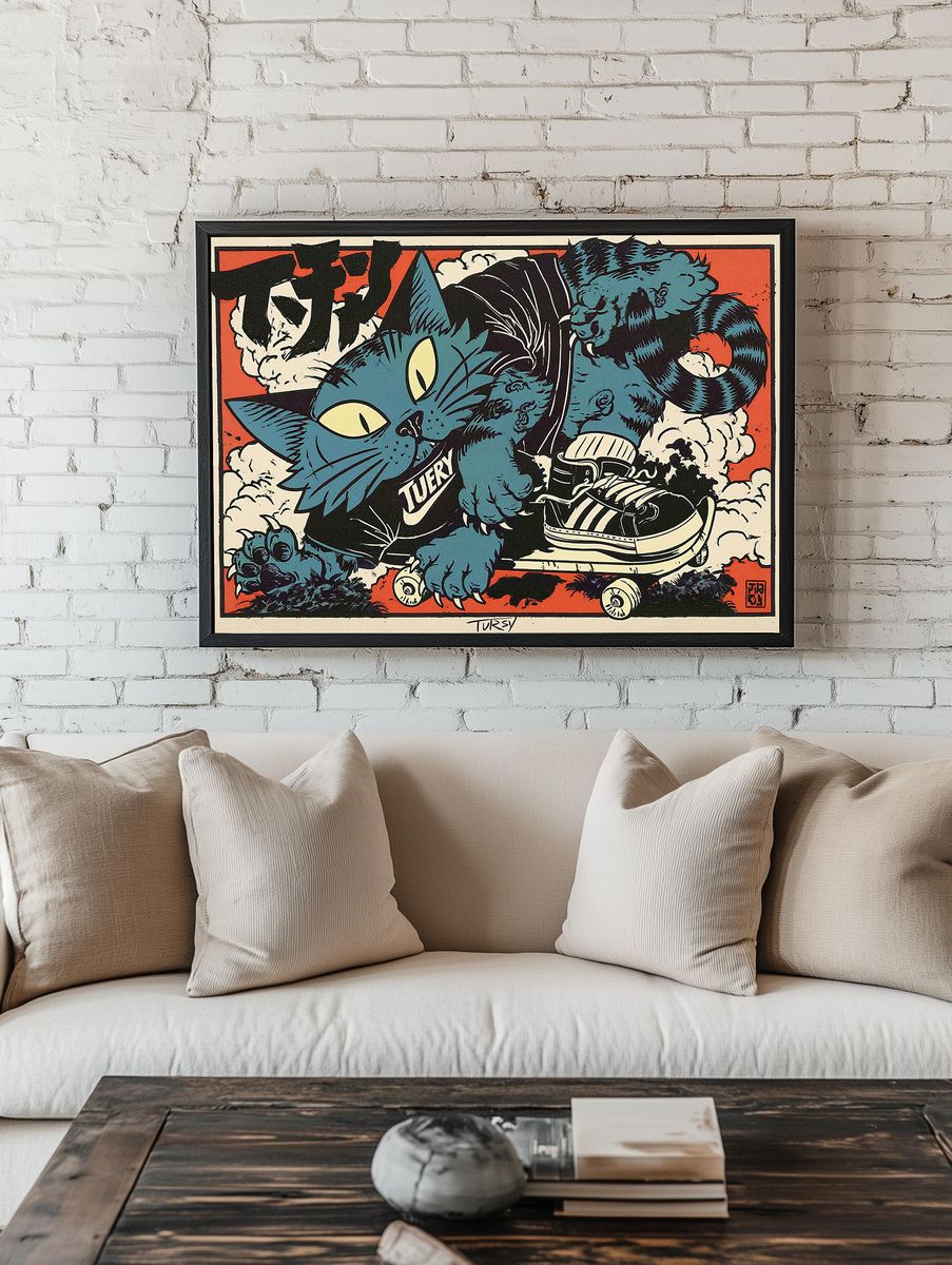 Blue Cat Skateboard Illustration Poster. — room view 1