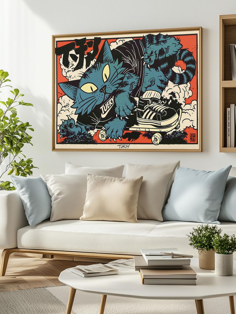 Blue Cat Skateboard Illustration Poster. — room view 2