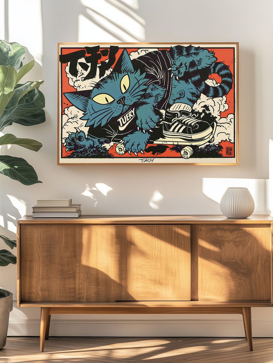 Blue Cat Skateboard Illustration Poster. — room view 3