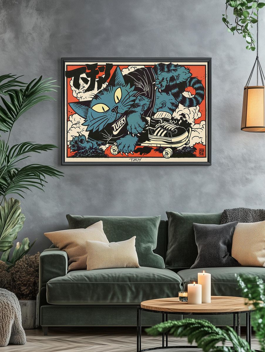 Blue Cat Skateboard Illustration Poster. — room view 4