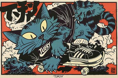 Blue Cat Skateboard Illustration Poster. poster