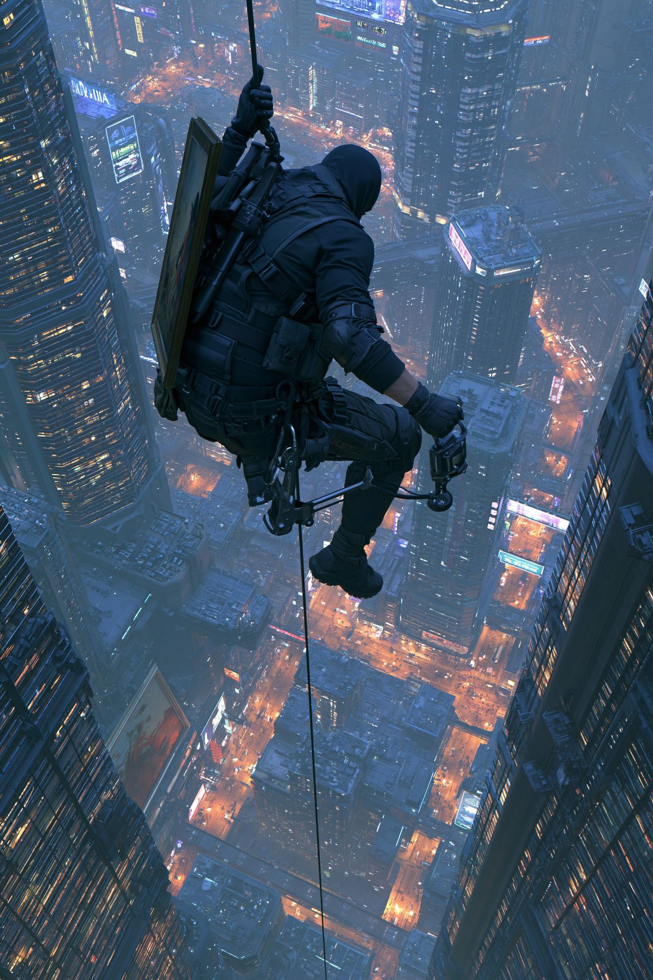 Cyberpunk Rooftop Rappel Poster. poster detail