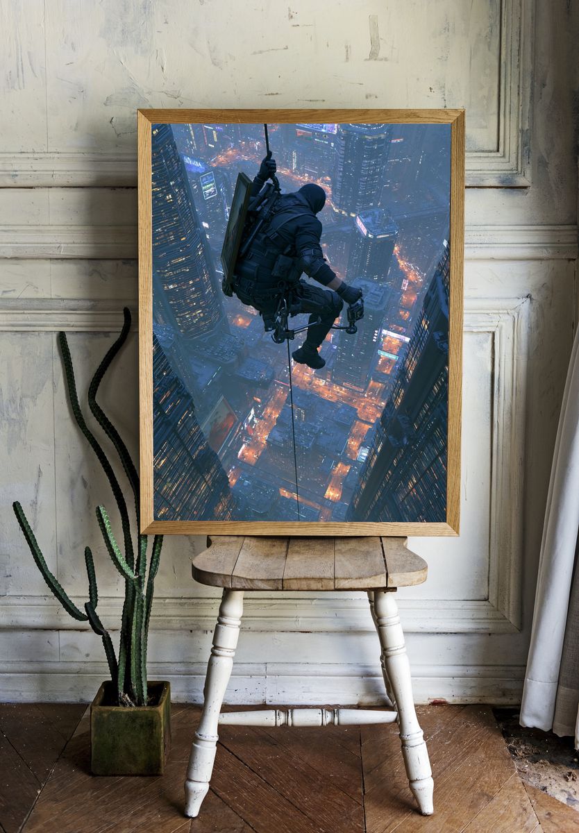 Cyberpunk Rooftop Rappel Poster. — room view 1