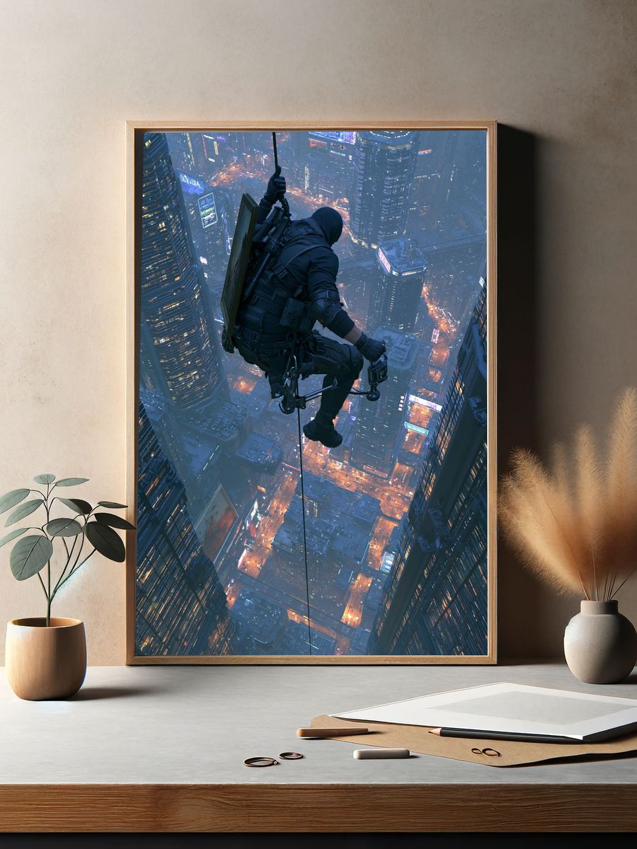 Cyberpunk Rooftop Rappel Poster. — room view 2