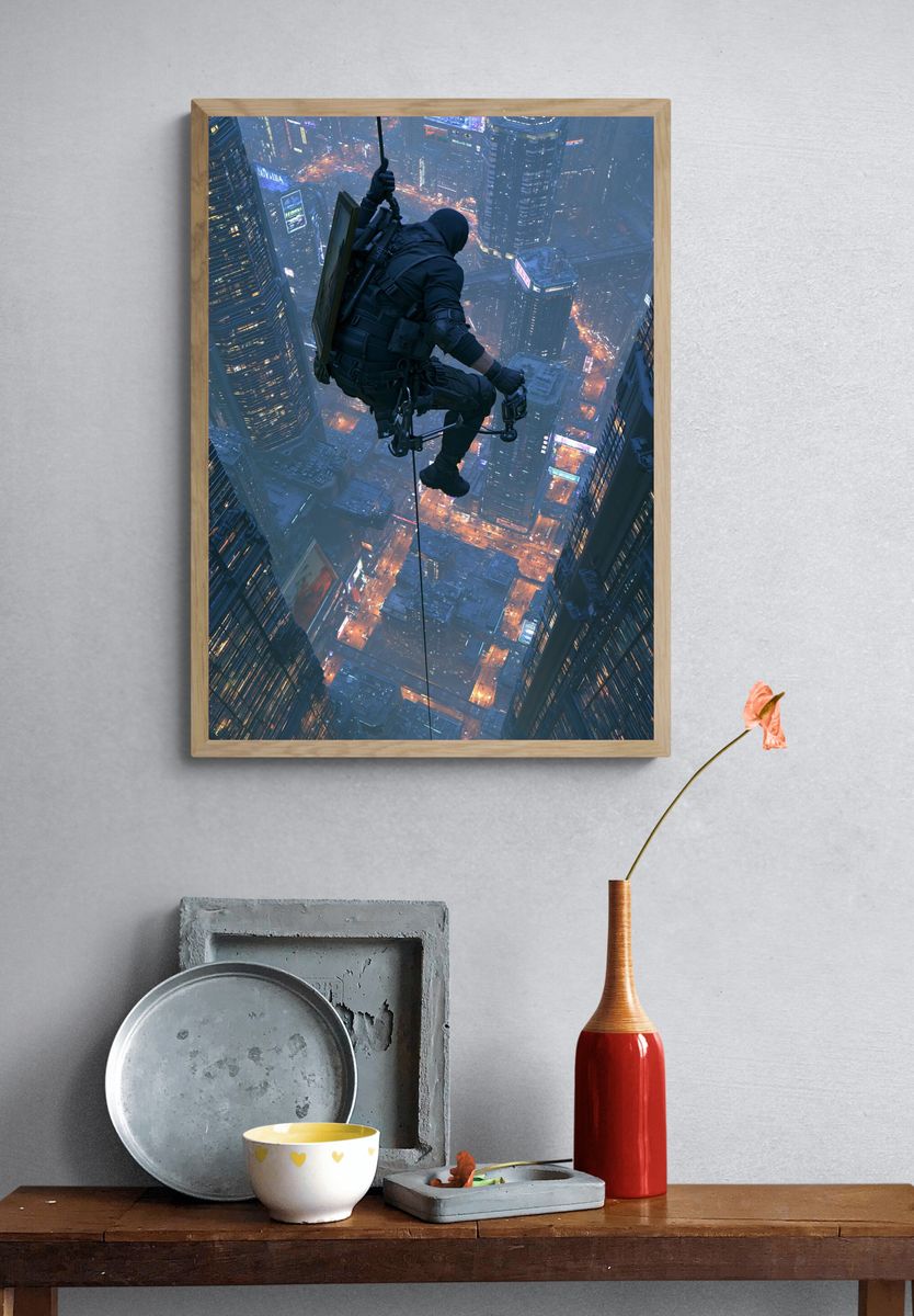 Cyberpunk Rooftop Rappel Poster. — room view 3