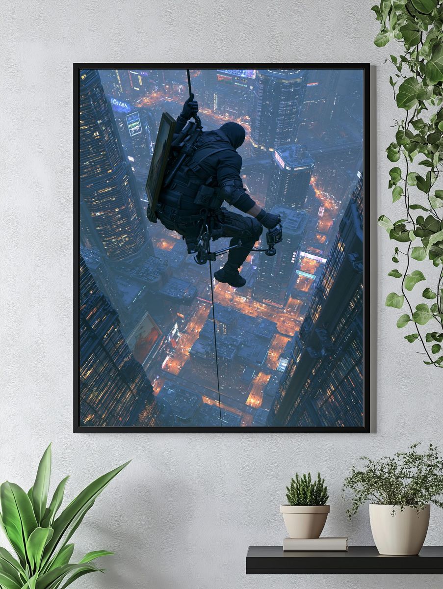 Cyberpunk Rooftop Rappel Poster. — room view 4