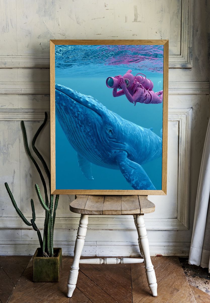 Whale Diver Underwater Illustration Poster. — room view 1