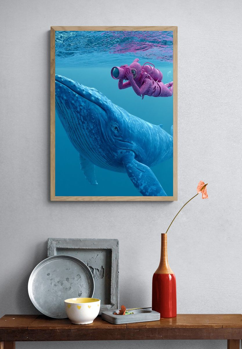 Whale Diver Underwater Illustration Poster. — room view 3