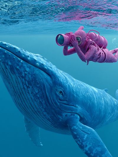 Whale Diver Underwater Illustration Poster.