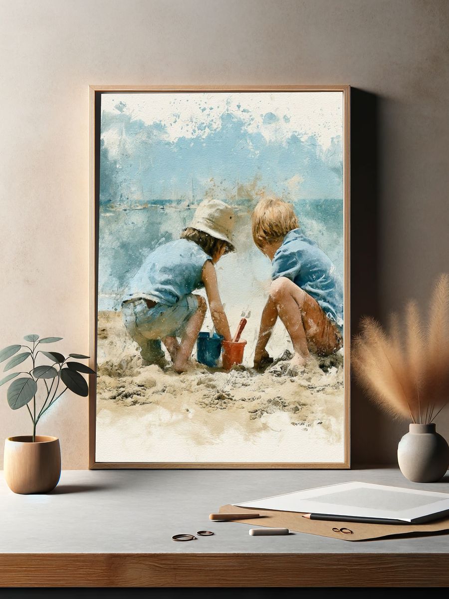 Children at the Beach Watercolor Print. — room view 2
