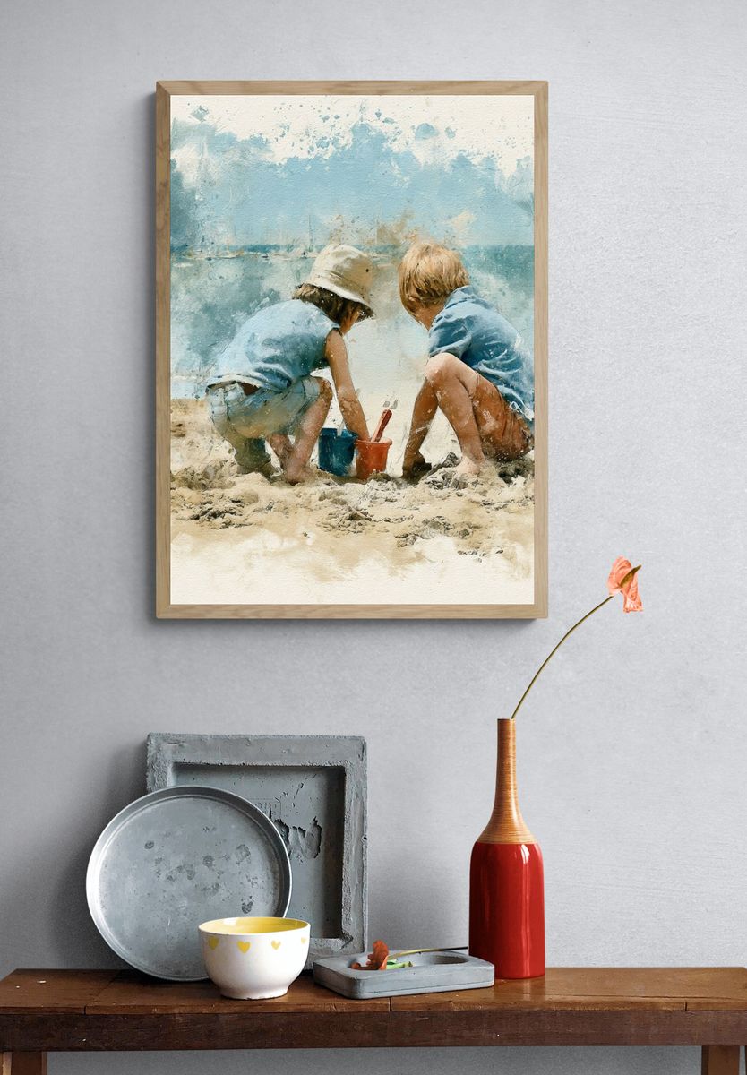 Children at the Beach Watercolor Print. — room view 3