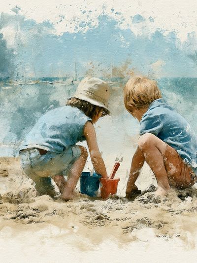 Children at the Beach Watercolor Print.