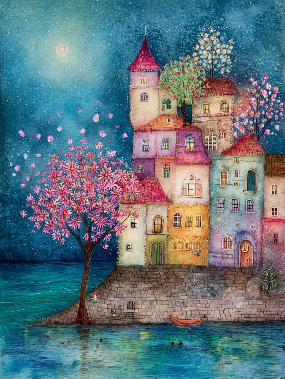 Moonlit Seaside Village Watercolor Print. poster detail