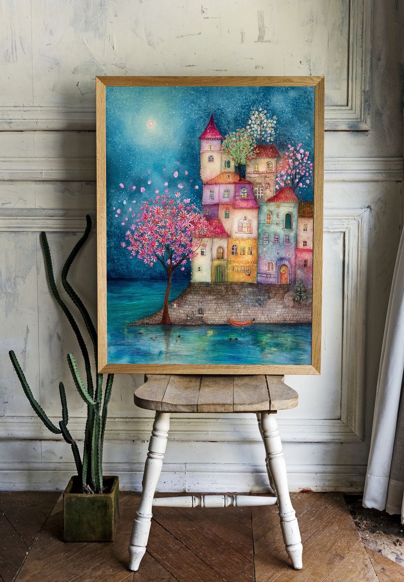 Moonlit Seaside Village Watercolor Print. room preview