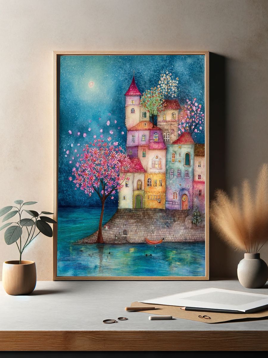 Moonlit Seaside Village Watercolor Print. — room view 2