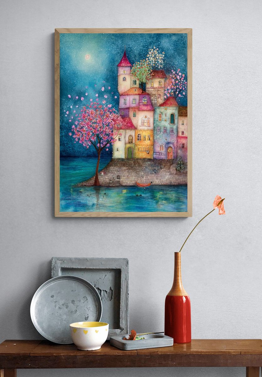 Moonlit Seaside Village Watercolor Print. — room view 3