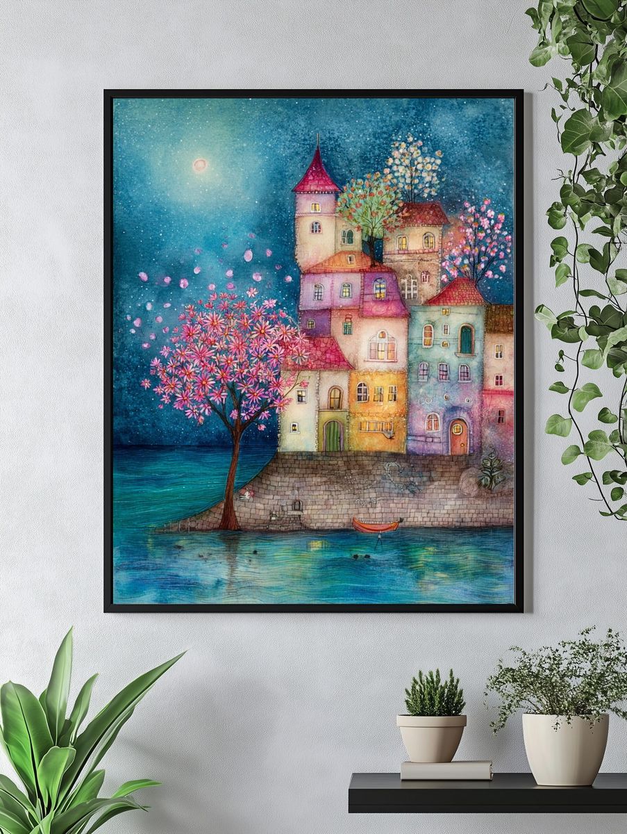 Moonlit Seaside Village Watercolor Print. — room view 4