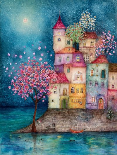 Moonlit Seaside Village Watercolor Print.