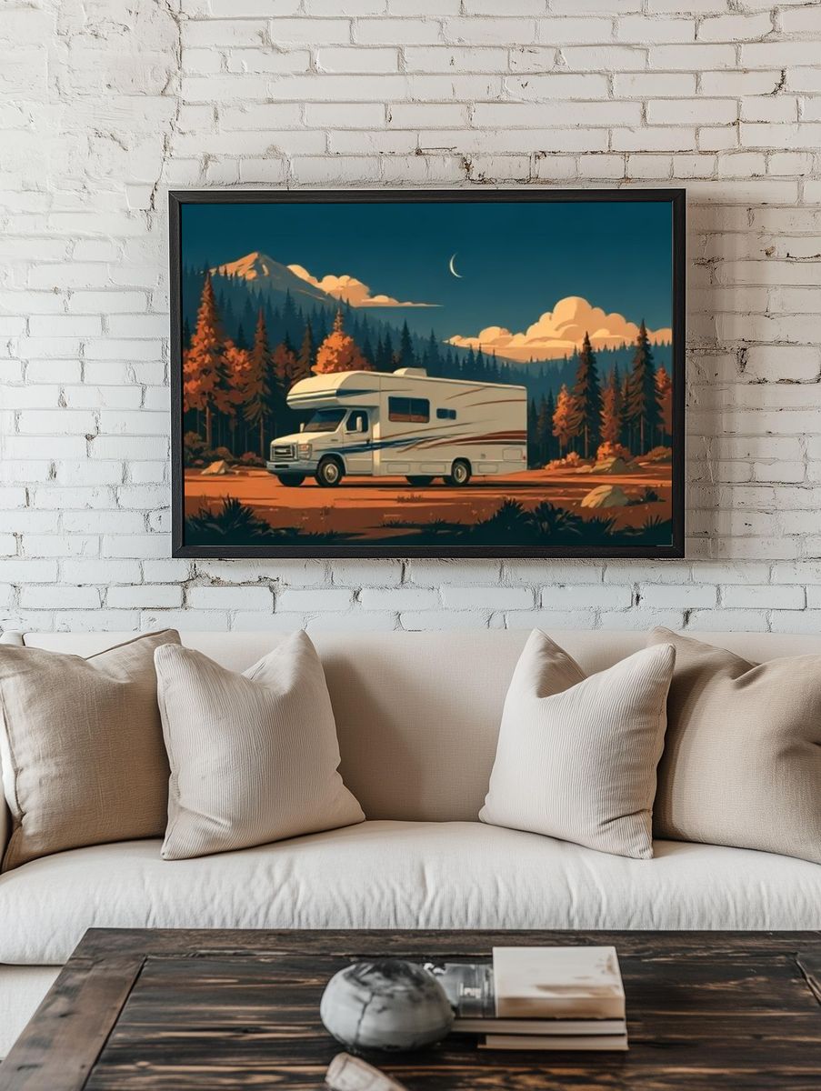 Mountain RV Sunset Illustration Poster. — room view 1