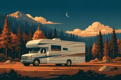 Mountain RV Sunset Illustration Poster.