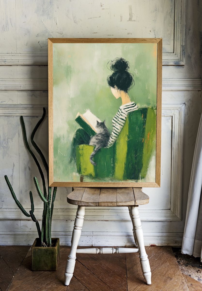 Girl Reading with Cat Illustration Poster. — room view 1
