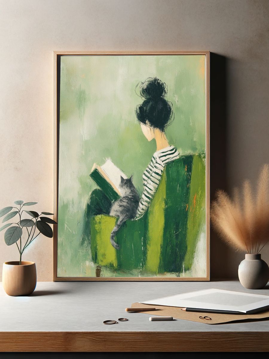 Girl Reading with Cat Illustration Poster. — room view 2