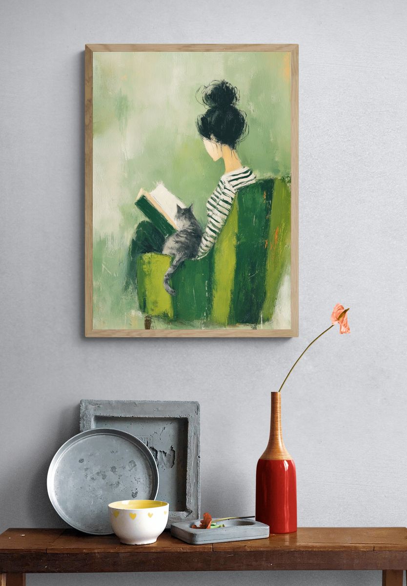 Girl Reading with Cat Illustration Poster. — room view 3