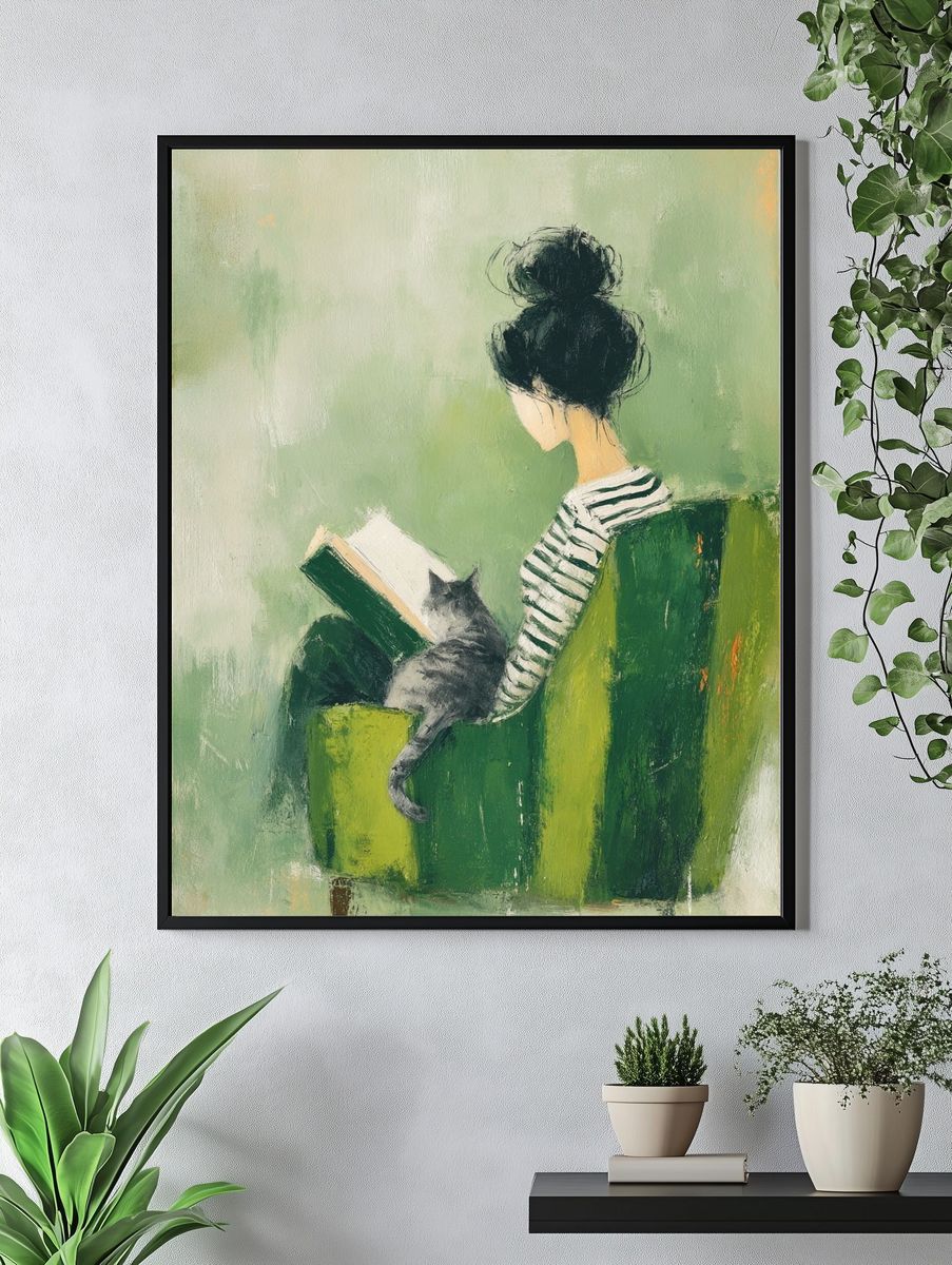 Girl Reading with Cat Illustration Poster. — room view 4