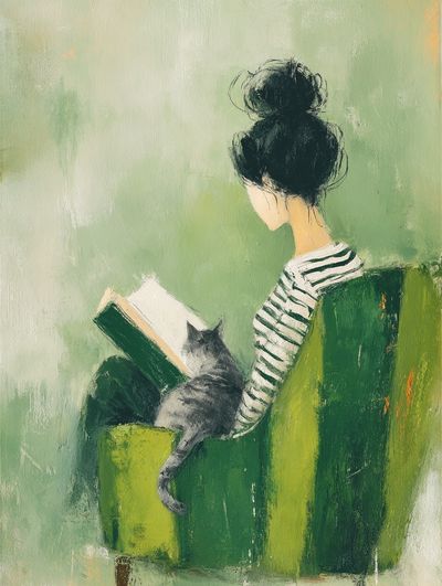 Girl Reading with Cat Illustration Poster. poster print