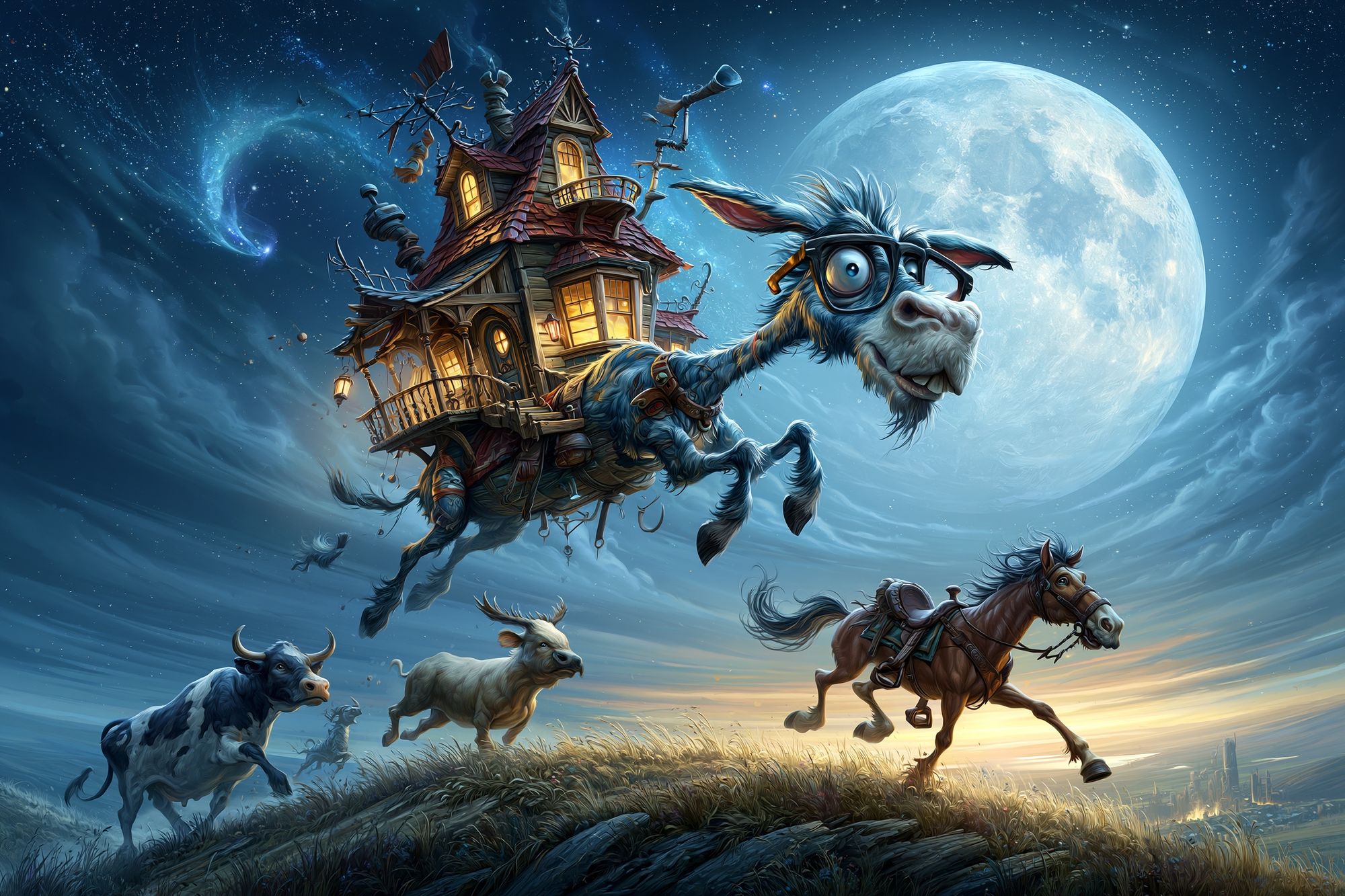 Flying Donkey Fantasy Illustration Poster. poster detail