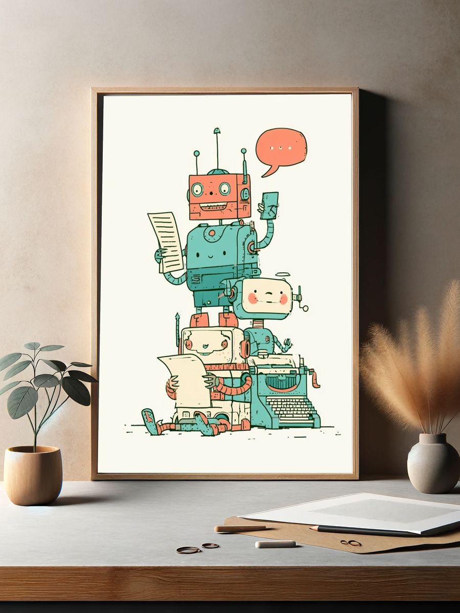 Friendly Robot Stack Illustration Poster. — room view 2