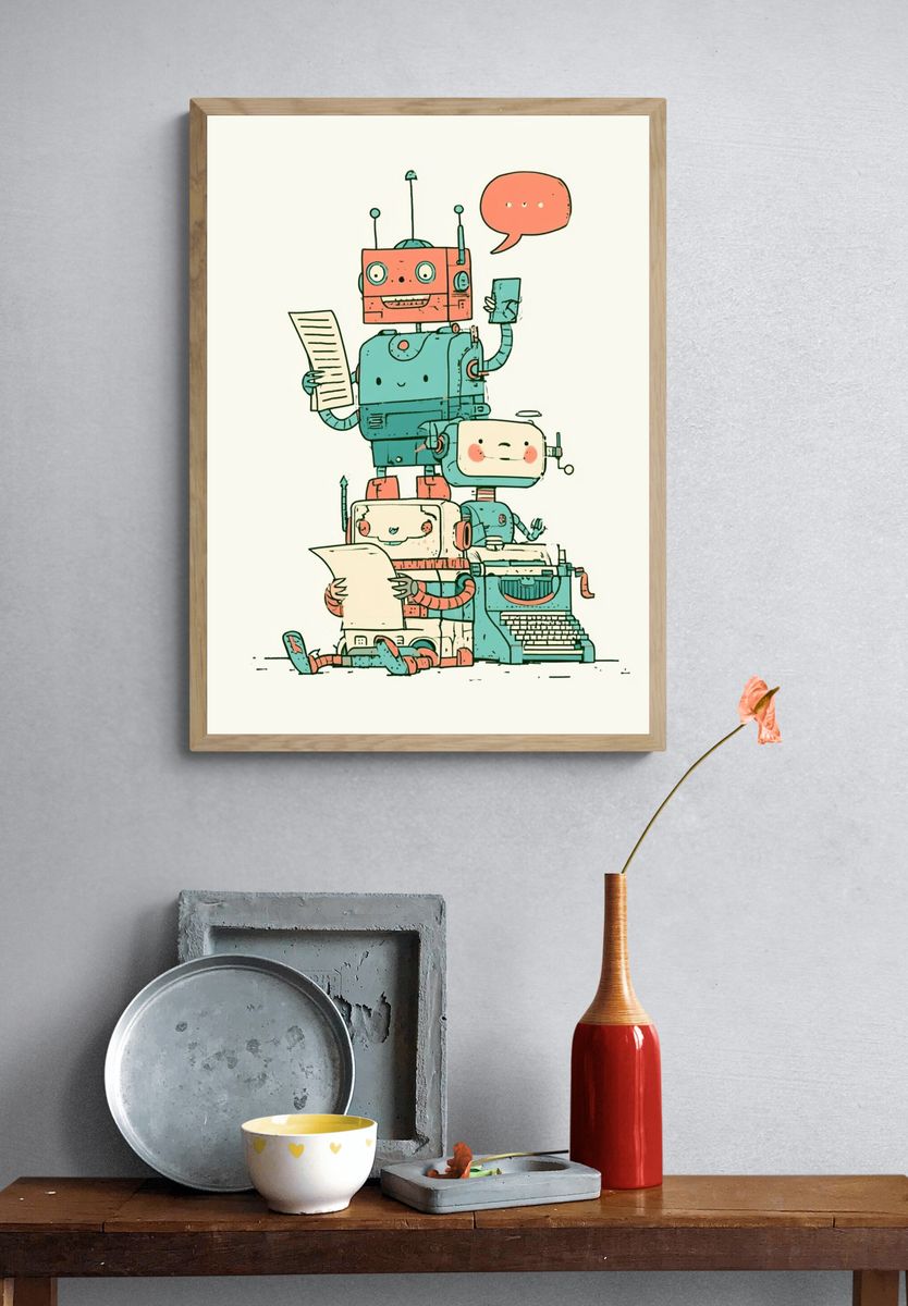Friendly Robot Stack Illustration Poster. — room view 3