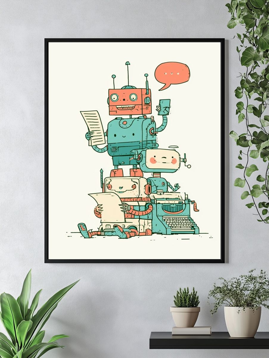 Friendly Robot Stack Illustration Poster. — room view 4