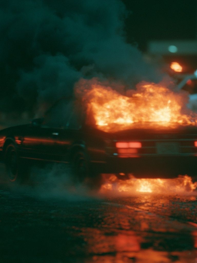 Burning Car Night Scene Poster. poster — illustration art