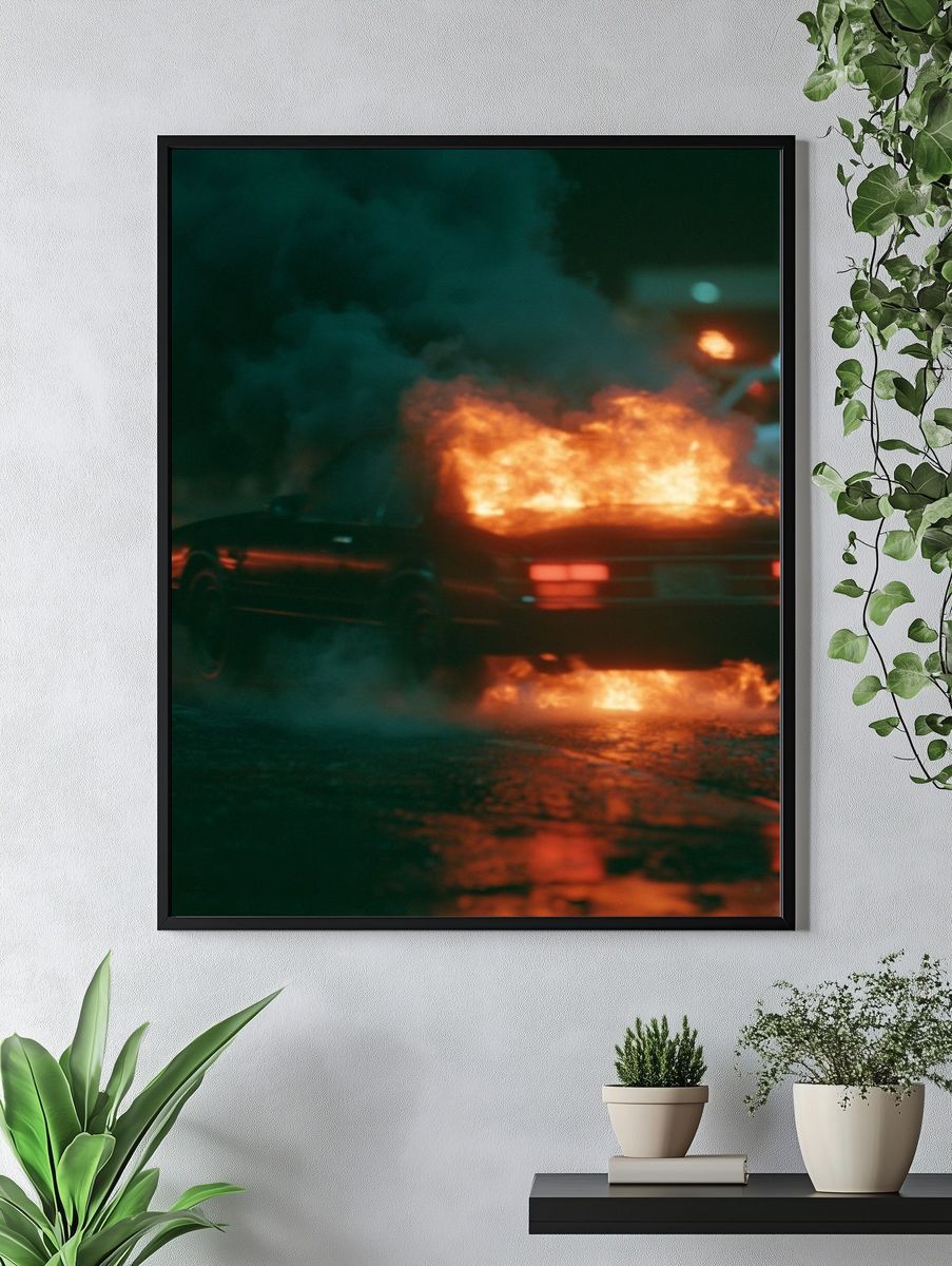 Burning Car Night Scene Poster. — room view 4