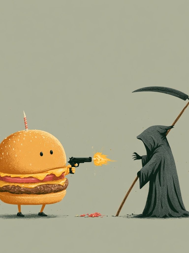 Burger vs Grim Reaper Illustration Poster. poster — illustration art