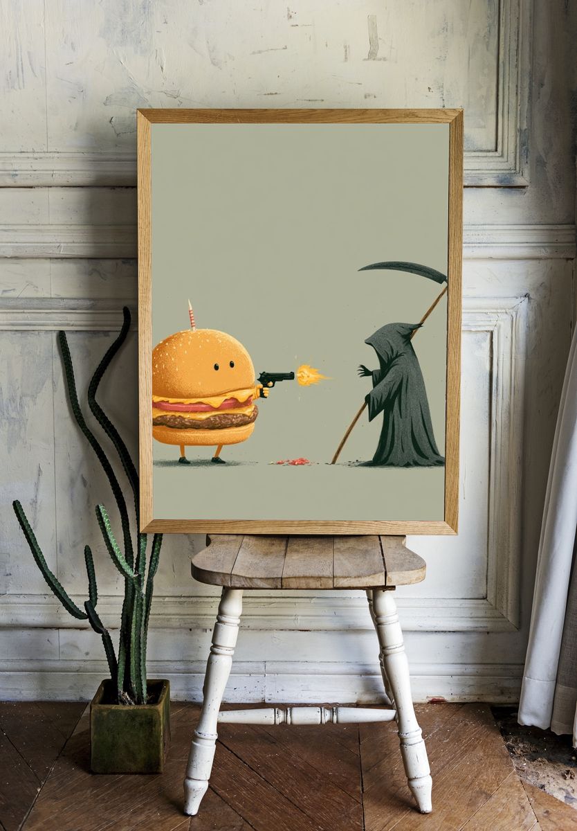 Burger vs Grim Reaper Illustration Poster. room preview