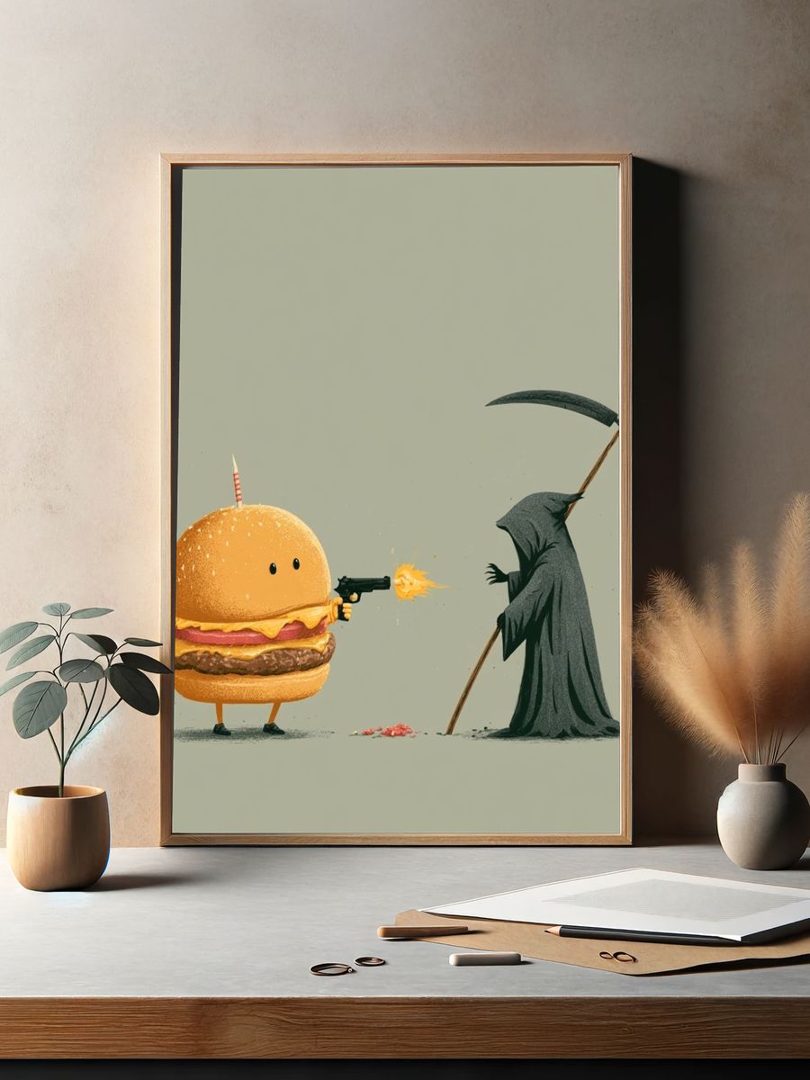 Burger vs Grim Reaper Illustration Poster. — room view 2