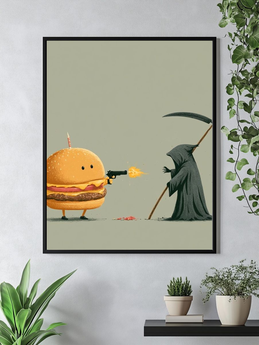 Burger vs Grim Reaper Illustration Poster. — room view 4