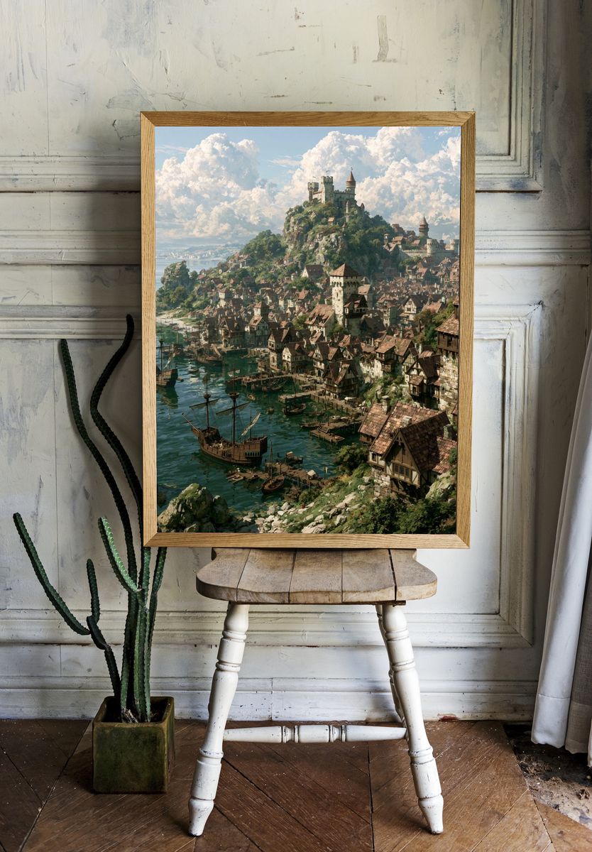 Harbor Castle Fantasy Illustration Poster. — room view 1