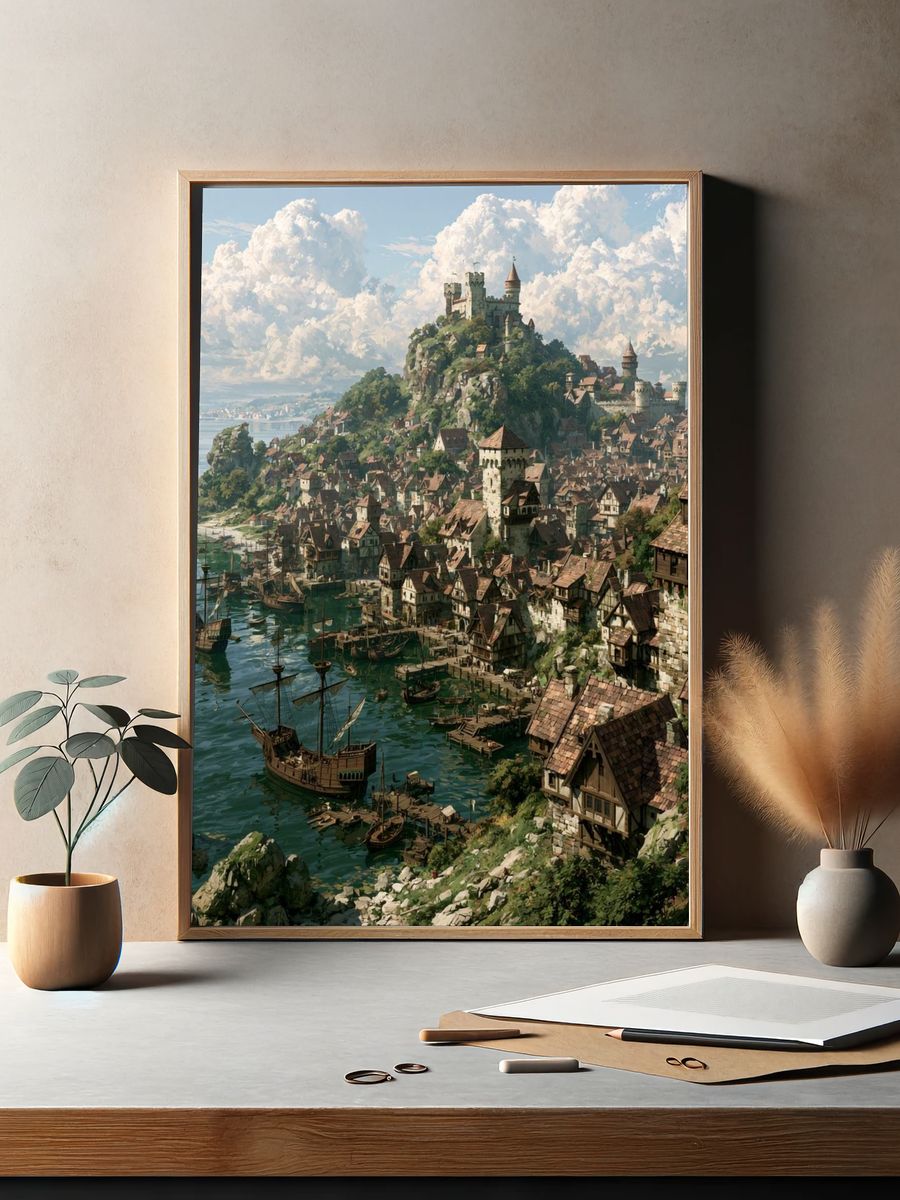 Harbor Castle Fantasy Illustration Poster. — room view 2