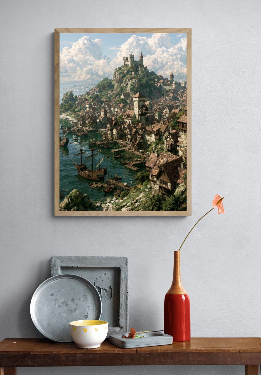 Harbor Castle Fantasy Illustration Poster. — room view 3