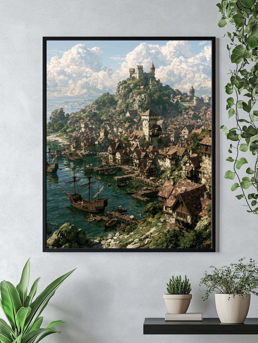 Harbor Castle Fantasy Illustration Poster. — room view 4