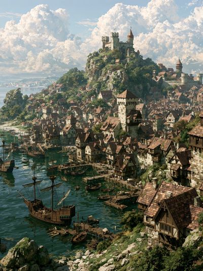 Harbor Castle Fantasy Illustration Poster.