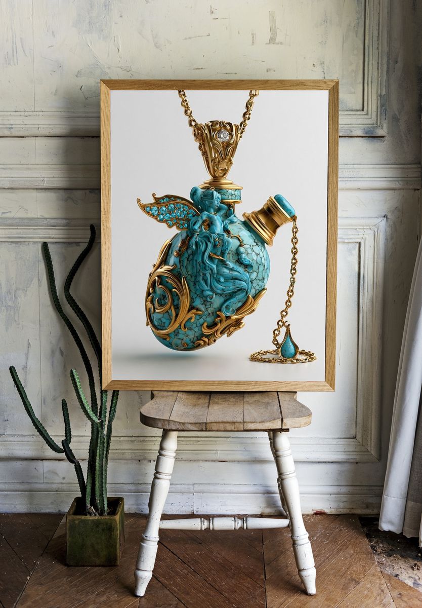 Turquoise Ornate Pendant Illustration Print. room preview